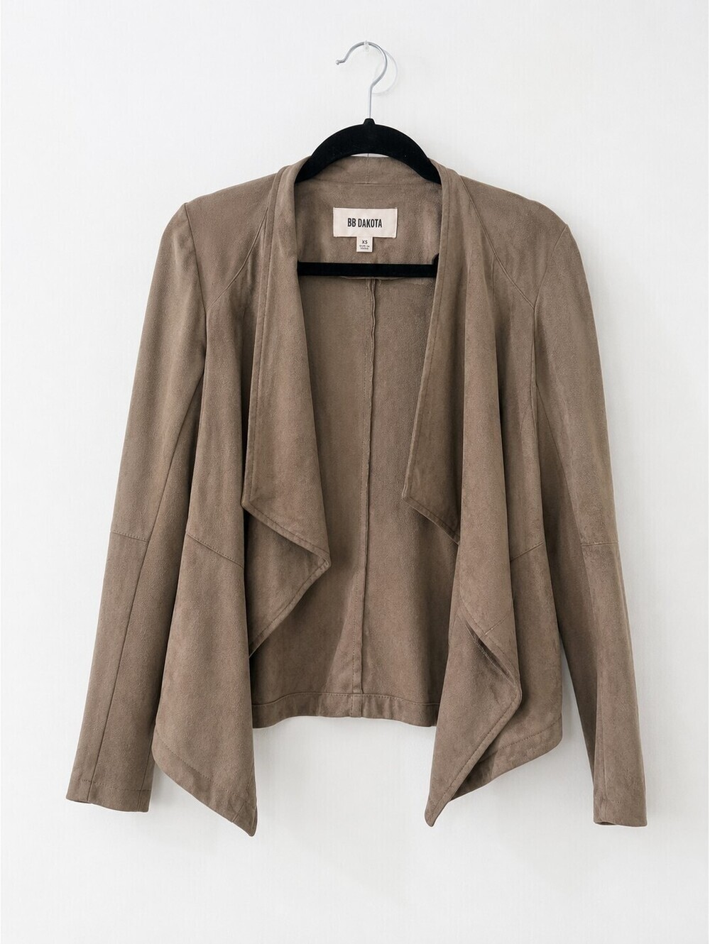 BB Dakota Faux Suede Open Front Waterfall Jacket Taupe XS Draped Moto Lightweigh